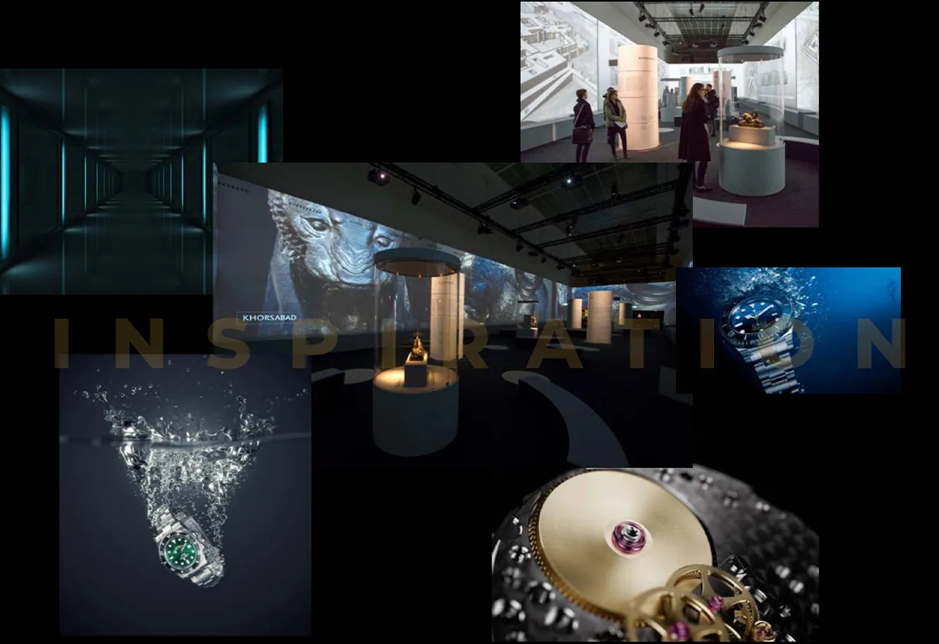 Planche d’inspiration : scénographies sombres, vitrines et lumière