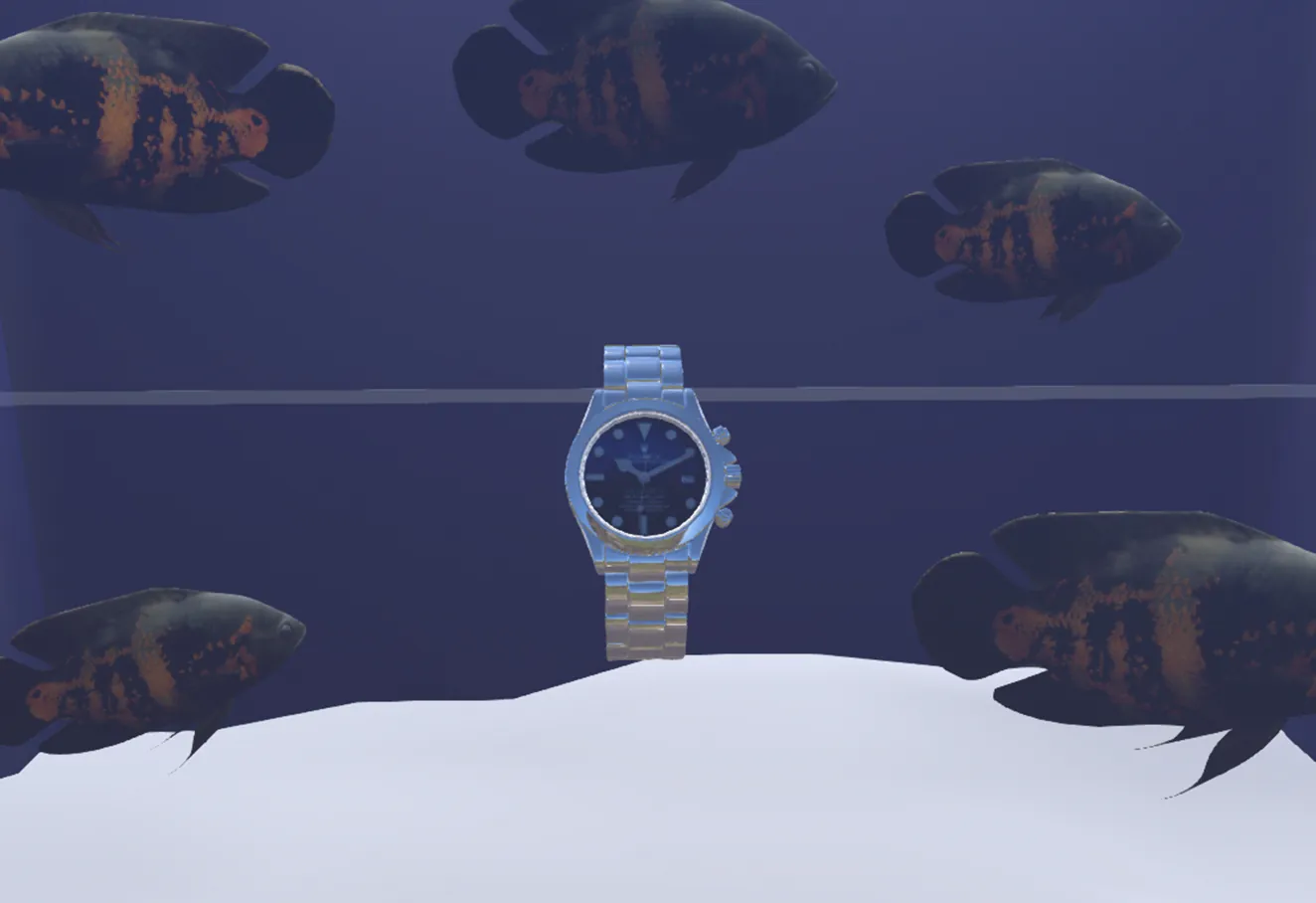 Rendu 3D d’une montre au milieu d’un aquarium