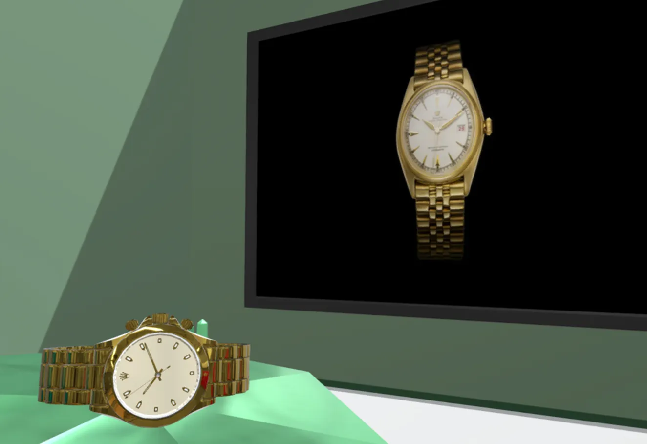 Rendu 3D d’une montre dorée présentée face à un écran