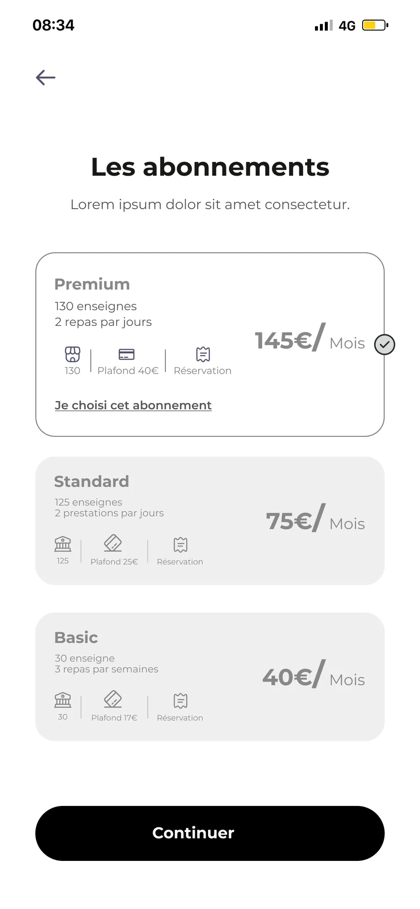 Wireframe des abonnements
